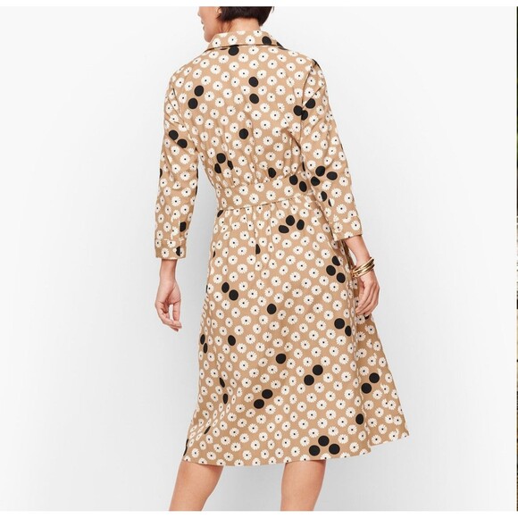 TALBOTS Womens Midi Shirt Dress Tan Daisy Polk Dot Floral Print Size 8 Retro - Picture 2 of 10